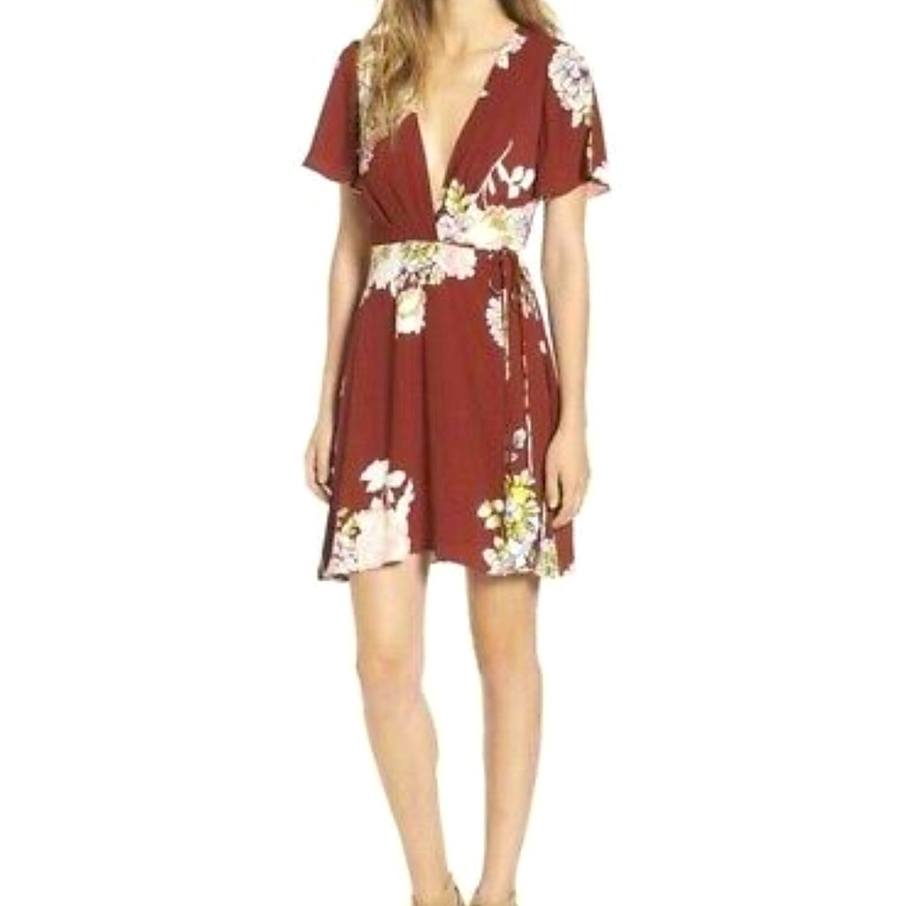 ASTR the Label Rust Multifloral Wrap Dress